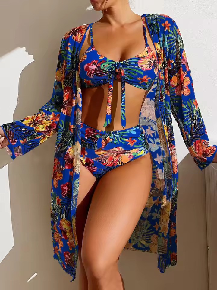 Darya Damen Bikini Set | Knotenoberteil, Hochgeschnittene Hose, Langer Überwurf 6