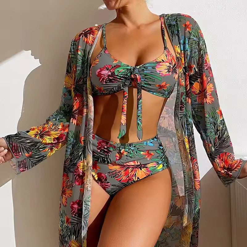 Darya Damen Bikini Set | Knotenoberteil, Hochgeschnittene Hose, Langer Überwurf 7