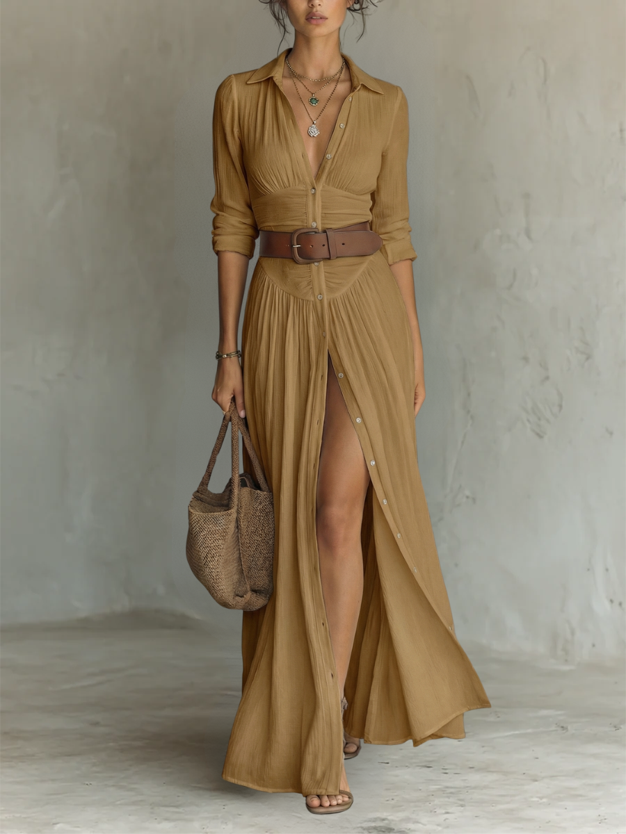 Karin Weiss Langarm Hemdbluse Maxikleid für Damen | Leichtes Crinkle-Gewebe - XS-2XL | Sommerkleid mit Schlitz | Knopfleiste durchgehend