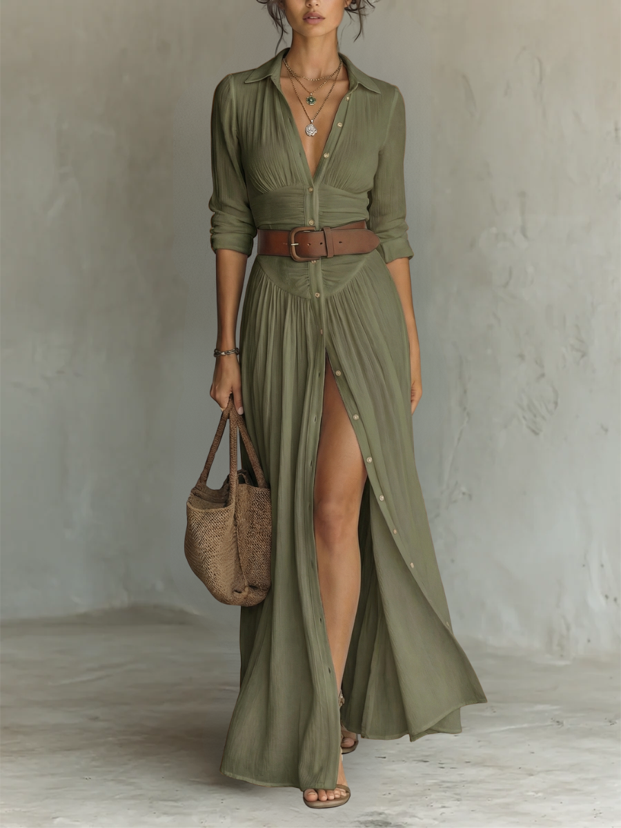 Karin Weiss Langarm Hemdbluse Maxikleid für Damen | Leichtes Crinkle-Gewebe - XS-2XL | Sommerkleid mit Schlitz | Knopfleiste durchgehend