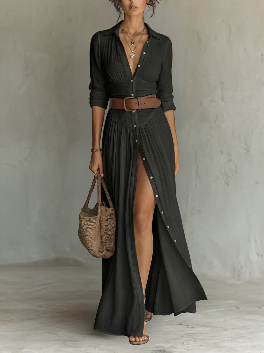 Karin Weiss Langarm Hemdbluse Maxikleid für Damen | Leichtes Crinkle-Gewebe - XS-2XL | Sommerkleid mit Schlitz | Knopfleiste durchgehend
