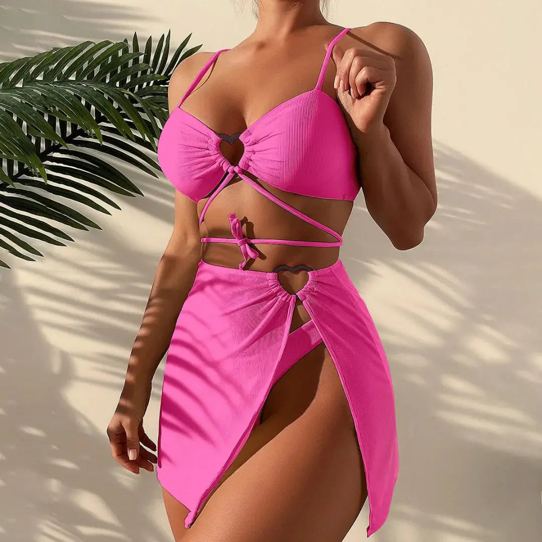 Dreiteiliges Damen Bikini Set | Hochwertiger Stoff, Wickelrock mit Bindebändern 3