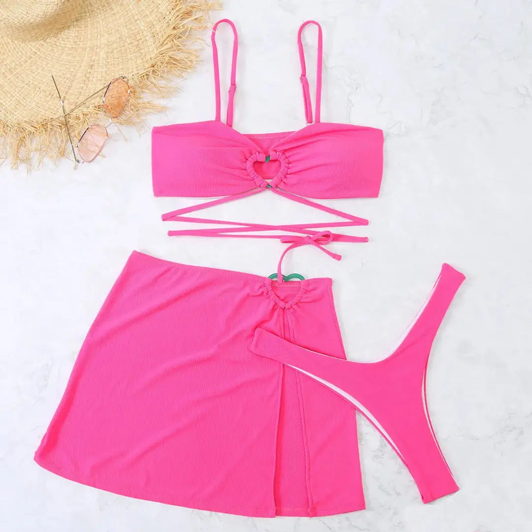 Dreiteiliges Damen Bikini Set | Hochwertiger Stoff, Wickelrock mit Bindebändern 4