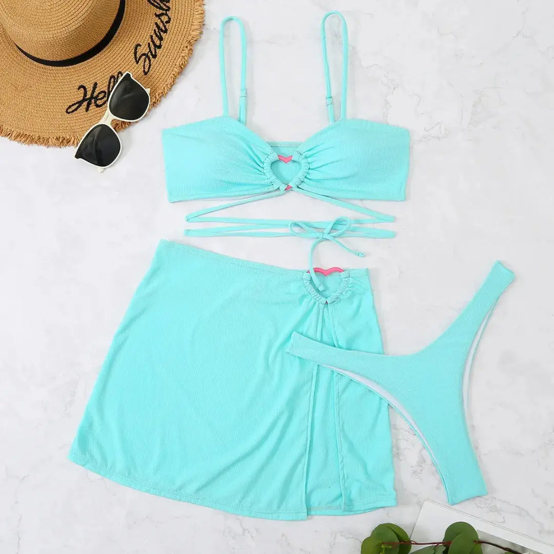 Dreiteiliges Damen Bikini Set | Hochwertiger Stoff, Wickelrock mit Bindebändern 6