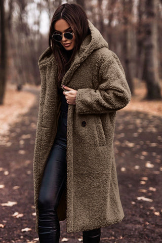 Monika Grün Langer Sherpa Teddy-Mantel mit Kapuze für Damen | Oversized Wintermantel Casual - M/L/XL/2XL/3XL