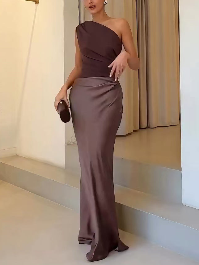 Doris Braun One-Shoulder Plissiertes Satin Maxikleid für Damen | Figurbetonend Elegant - XS/S/M/L/XL/2XL/3XL