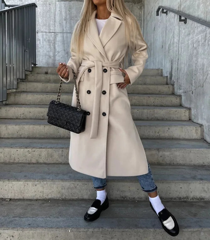 Vreni Beige Zweireihiger Langer Wollmantel für Damen | Bindegürtel Strukturiert Elegant - S/M/L/XL/2XL