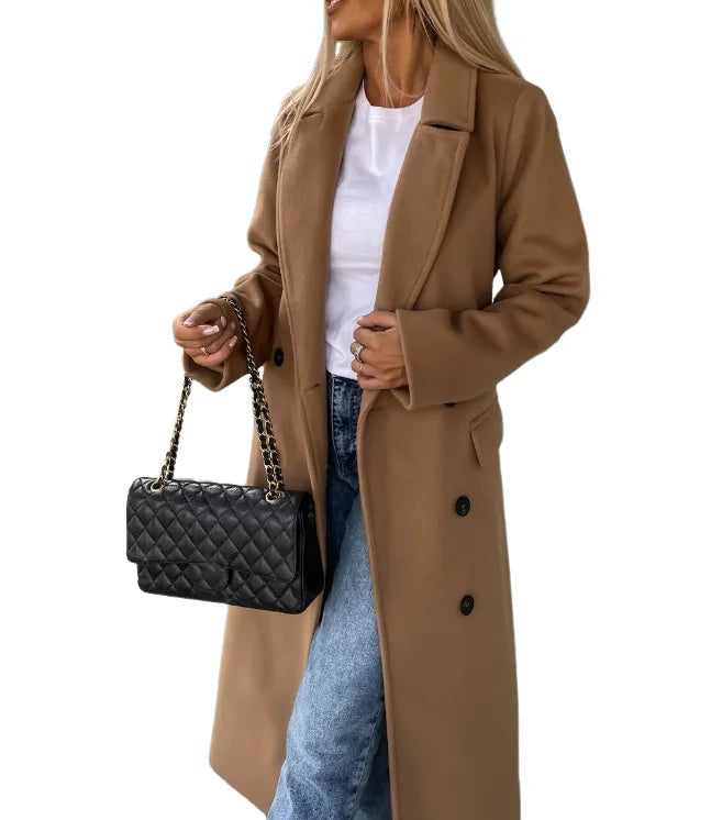Vreni Beige Zweireihiger Langer Wollmantel für Damen | Bindegürtel Strukturiert Elegant - S/M/L/XL/2XL