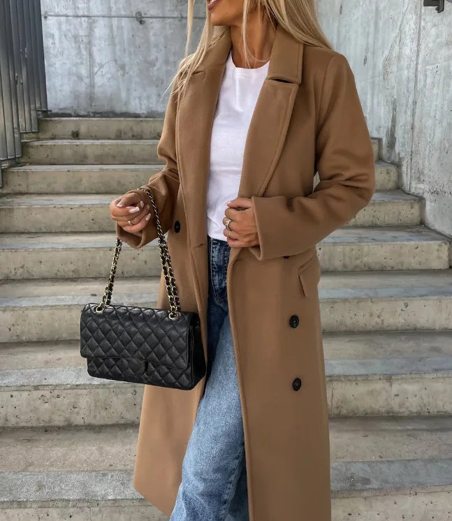 Vreni Beige Zweireihiger Langer Wollmantel für Damen | Bindegürtel Strukturiert Elegant - S/M/L/XL/2XL