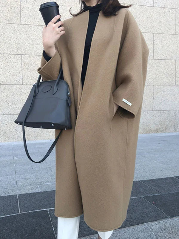 Maja Beige Langer Wollmantel in Oversized Passform für Damen | Herbst Winter Casual Stil - S/M/L/XL/2XL/3XL