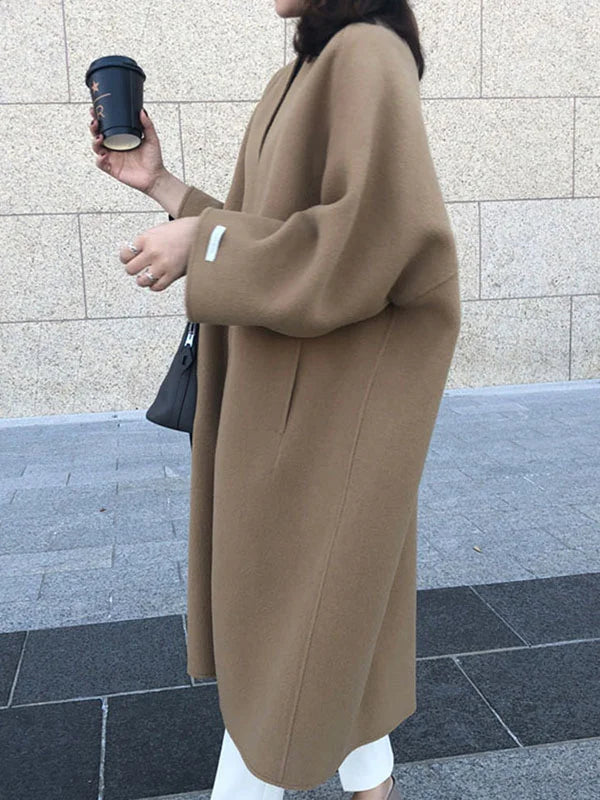 Maja Beige Langer Wollmantel in Oversized Passform für Damen | Herbst Winter Casual Stil - S/M/L/XL/2XL/3XL