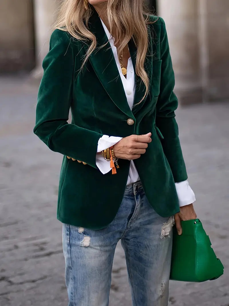 Greti Dunkelblau Eleganter Samt Blazer für Damen | Slim Fit Goldknöpfe Festlich - S/M/L/XL/2XL