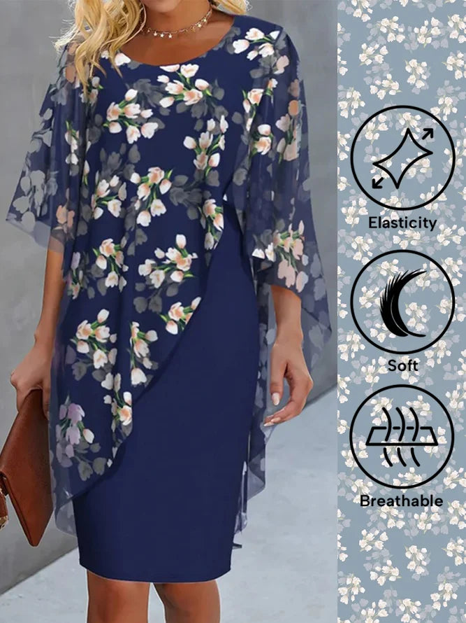 Rosemarie Dunkelblau Blumen-Chiffon-Kleid mit Cape-Ärmeln für Damen | Elastisch und Atmungsaktiv | Hochzeiten und Feiern - S/M/L/XL/2XL