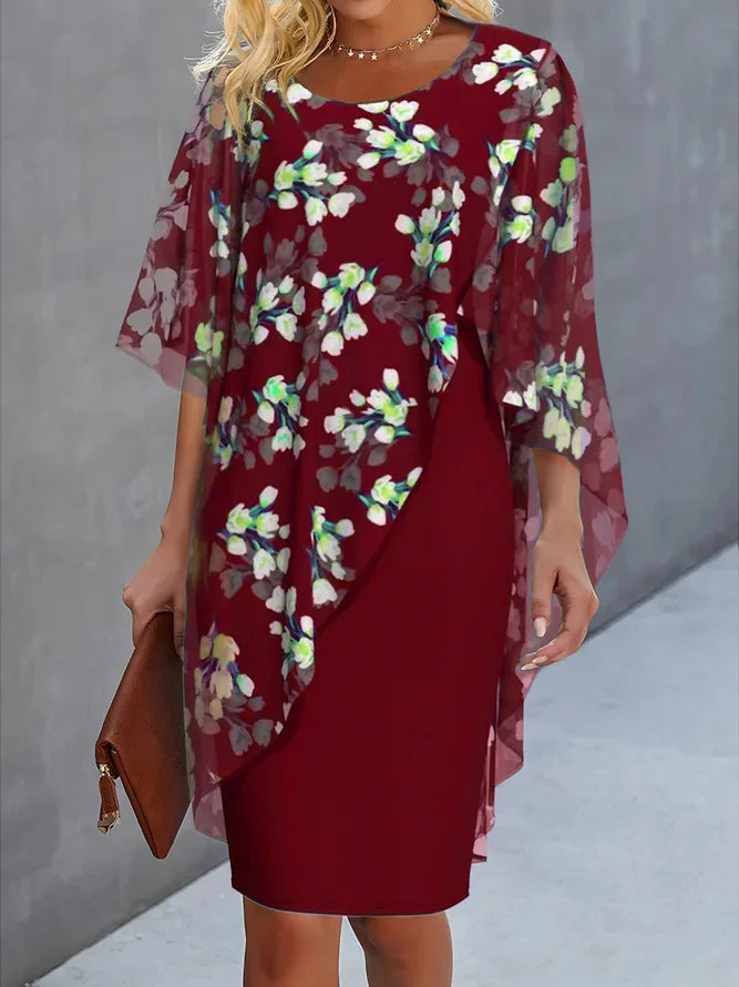 Rosemarie Dunkelblau Blumen-Chiffon-Kleid mit Cape-Ärmeln für Damen | Elastisch und Atmungsaktiv | Hochzeiten und Feiern - S/M/L/XL/2XL
