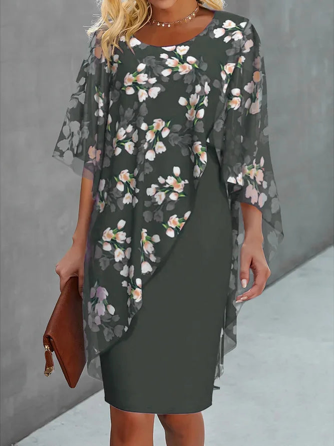 Rosemarie Dunkelblau Blumen-Chiffon-Kleid mit Cape-Ärmeln für Damen | Elastisch und Atmungsaktiv | Hochzeiten und Feiern - S/M/L/XL/2XL