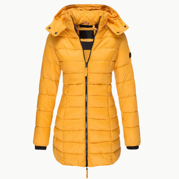Wilhelmine Schwarz Wasserdichte Isolierte Longline Puffer-Jacke mit Kapuze für Damen | Winter Stadtlook - S/M/L/XL/2XL/3XL/4XL