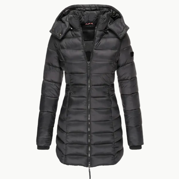 Wilhelmine Schwarz Wasserdichte Isolierte Longline Puffer-Jacke mit Kapuze für Damen | Winter Stadtlook - S/M/L/XL/2XL/3XL/4XL