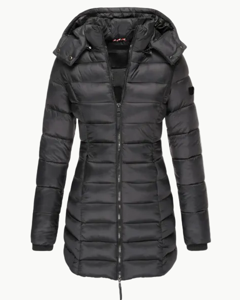 Wilhelmine Schwarz Wasserdichte Isolierte Longline Puffer-Jacke mit Kapuze für Damen | Winter Stadtlook - S/M/L/XL/2XL/3XL/4XL