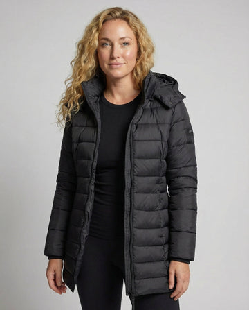 Wilhelmine Schwarz Wasserdichte Isolierte Longline Puffer-Jacke mit Kapuze für Damen | Winter Stadtlook - S/M/L/XL/2XL/3XL/4XL