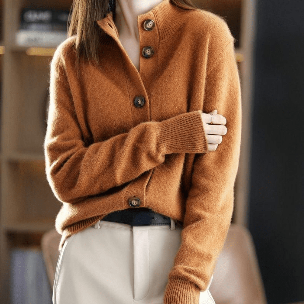 Wanda Orange Weiche Strickjacke mit Knöpfen für Damen | Hemdblusenkragen Elegant - Einheitsgrösse