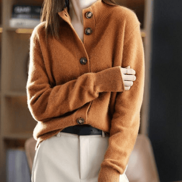 Wanda Orange Weiche Strickjacke mit Knöpfen für Damen | Hemdblusenkragen Elegant - Einheitsgrösse