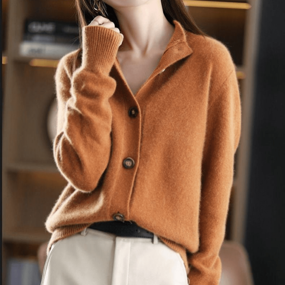 Wanda Orange Weiche Strickjacke mit Knöpfen für Damen | Hemdblusenkragen Elegant - Einheitsgrösse