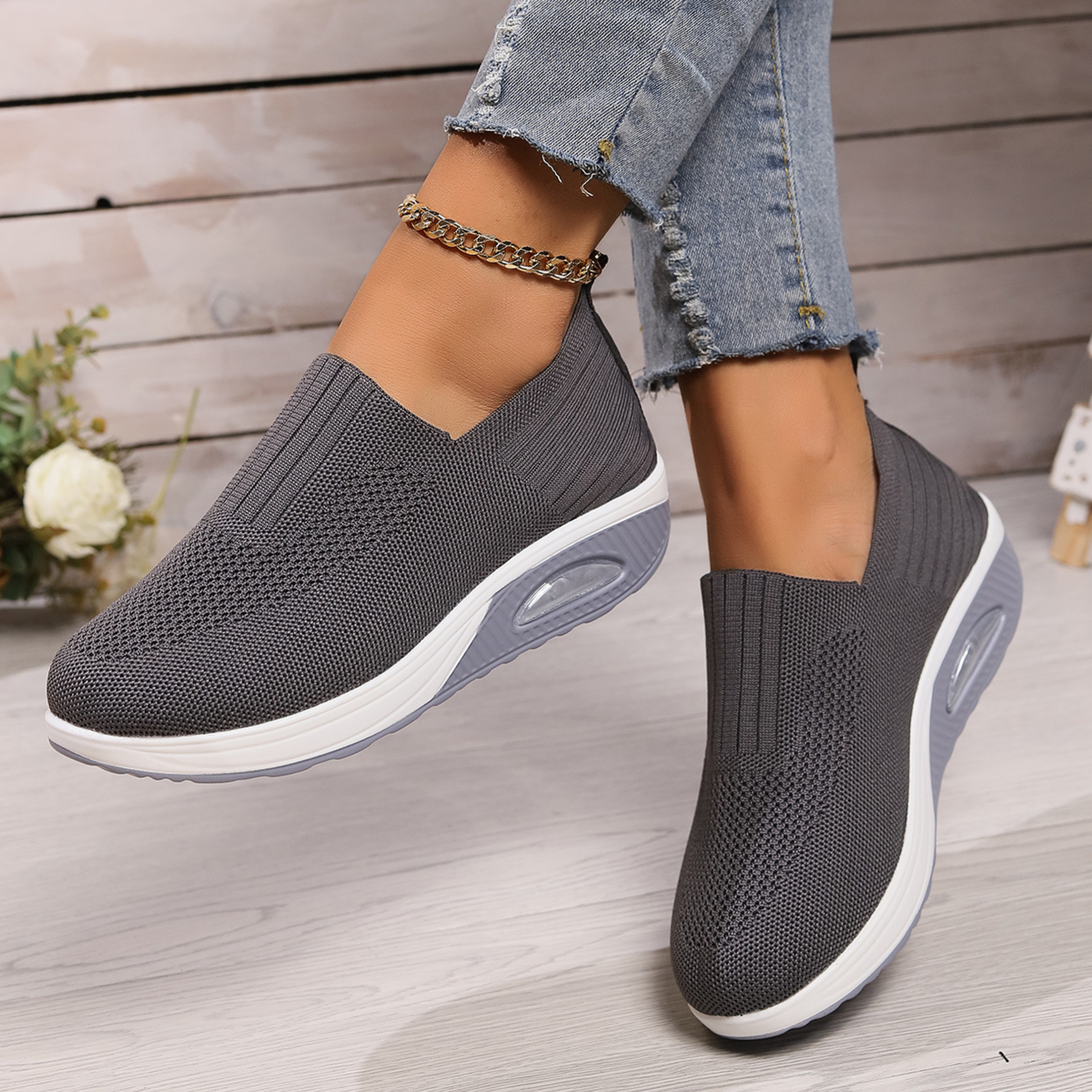 Elisabeth Schwarz Strick Slip-On Sneaker für Damen | Luftkissen-Dämpfung Casual - 36/37/38/39/40/41/42/43