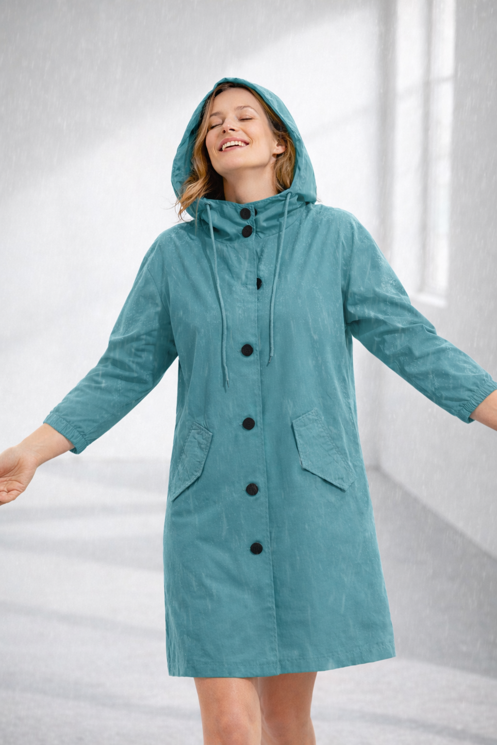 Änne Türkis Mittellange Kapuzenjacke mit Knopfleiste für Damen | Locker Casual Übergangszeit - S/M/L/XL/2XL/3XL/4XL