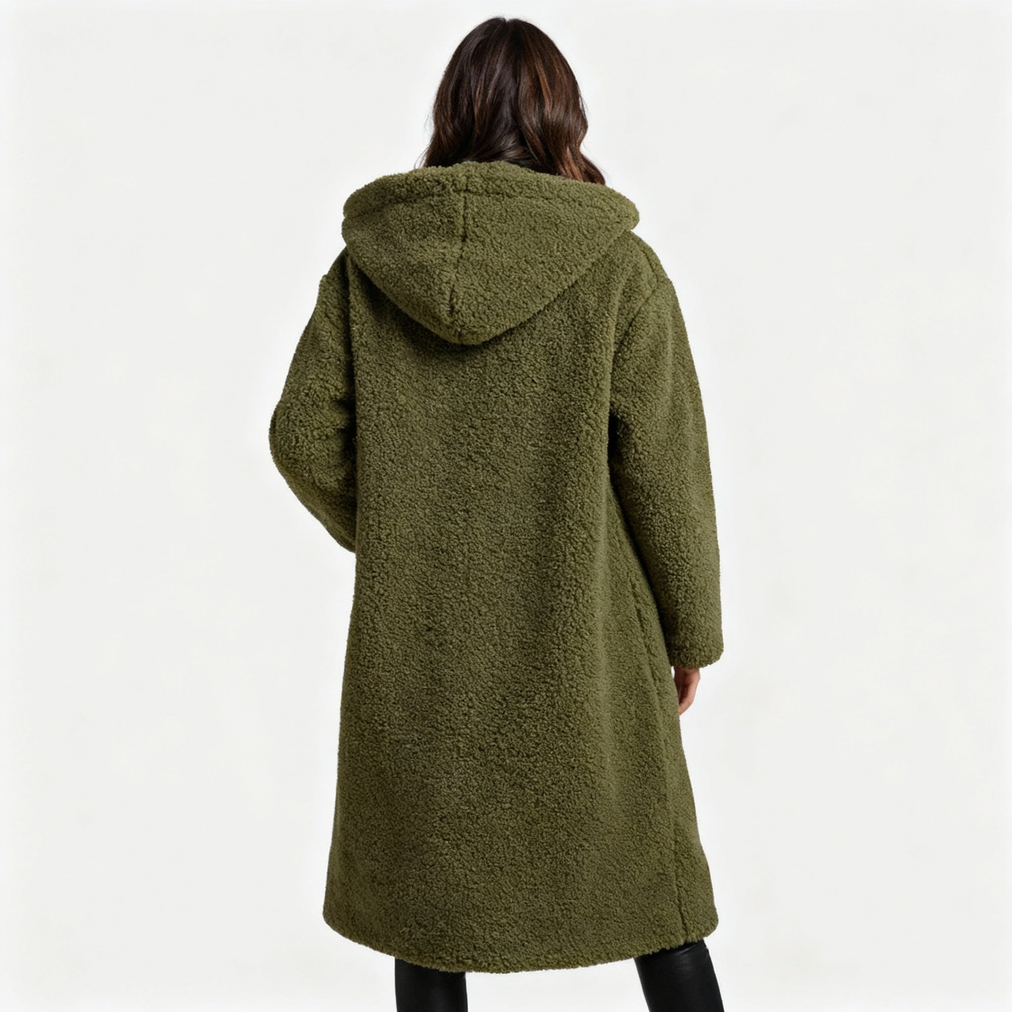 Monika Grün Langer Sherpa Teddy-Mantel mit Kapuze für Damen | Oversized Wintermantel Casual - M/L/XL/2XL/3XL