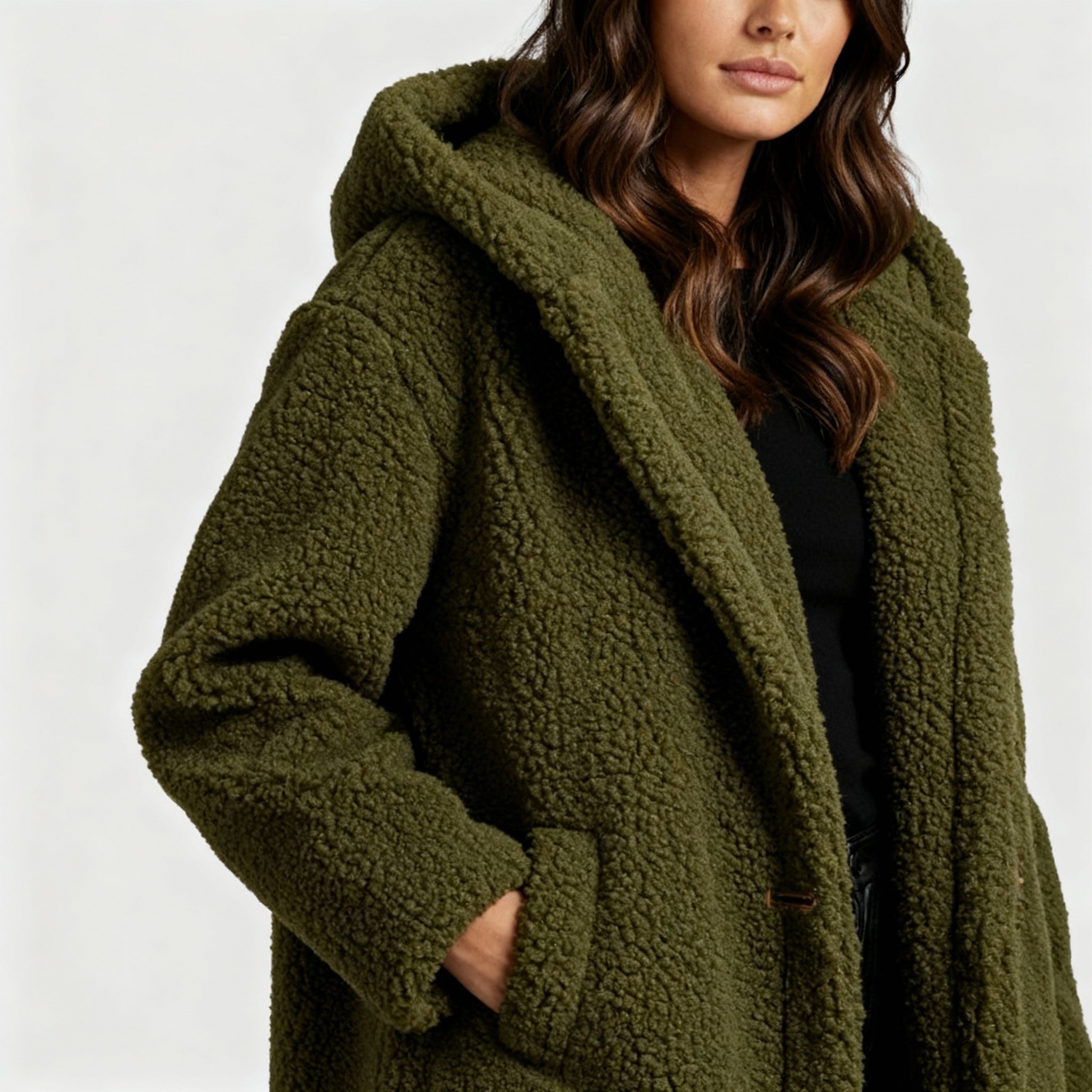 Monika Grün Langer Sherpa Teddy-Mantel mit Kapuze für Damen | Oversized Wintermantel Casual - M/L/XL/2XL/3XL