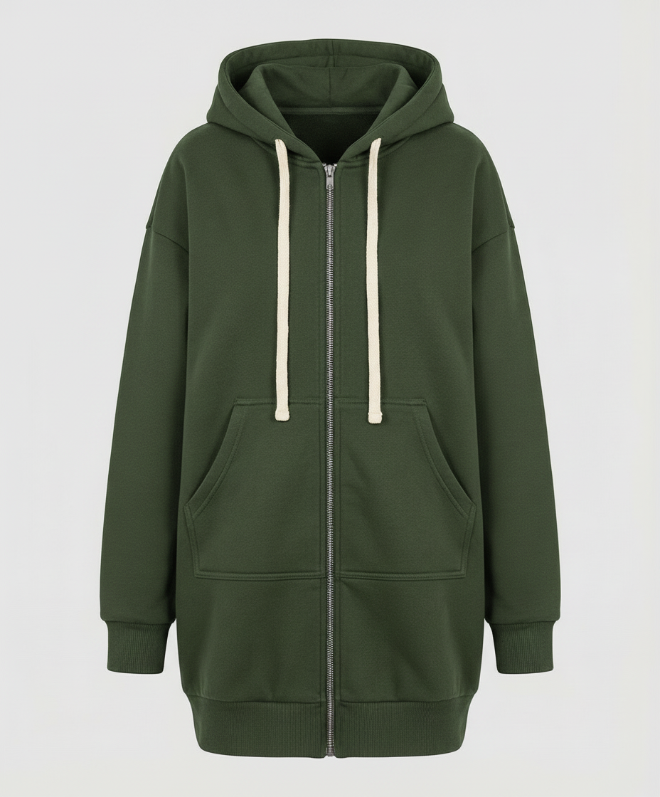 Roswitha Schwarz Longline Oversized Kapuzenpullover mit Reissverschluss für Damen | Casual Knieland - XS-4XL
