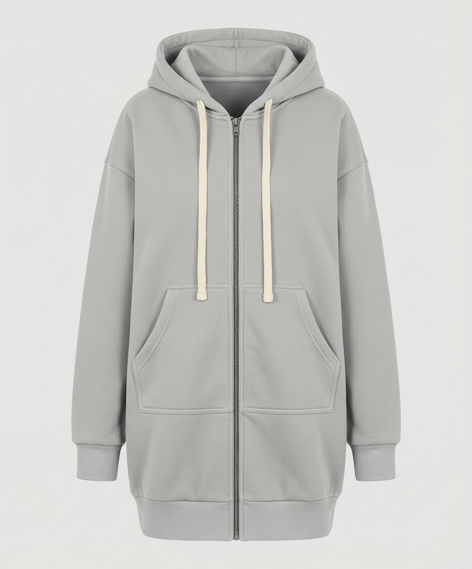 Roswitha Schwarz Longline Oversized Kapuzenpullover mit Reissverschluss für Damen | Casual Knieland - XS-4XL