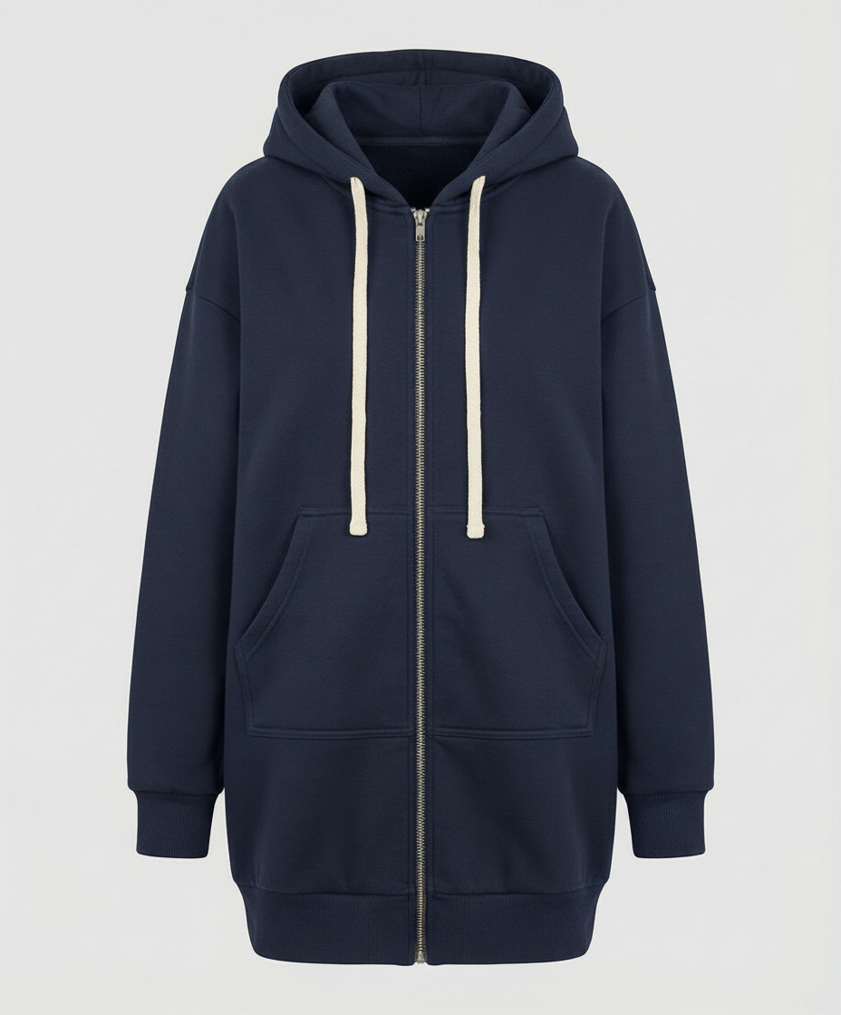 Roswitha Schwarz Longline Oversized Kapuzenpullover mit Reissverschluss für Damen | Casual Knieland - XS-4XL