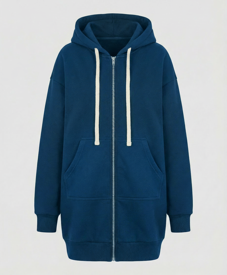 Roswitha Schwarz Longline Oversized Kapuzenpullover mit Reissverschluss für Damen | Casual Knieland - XS-4XL