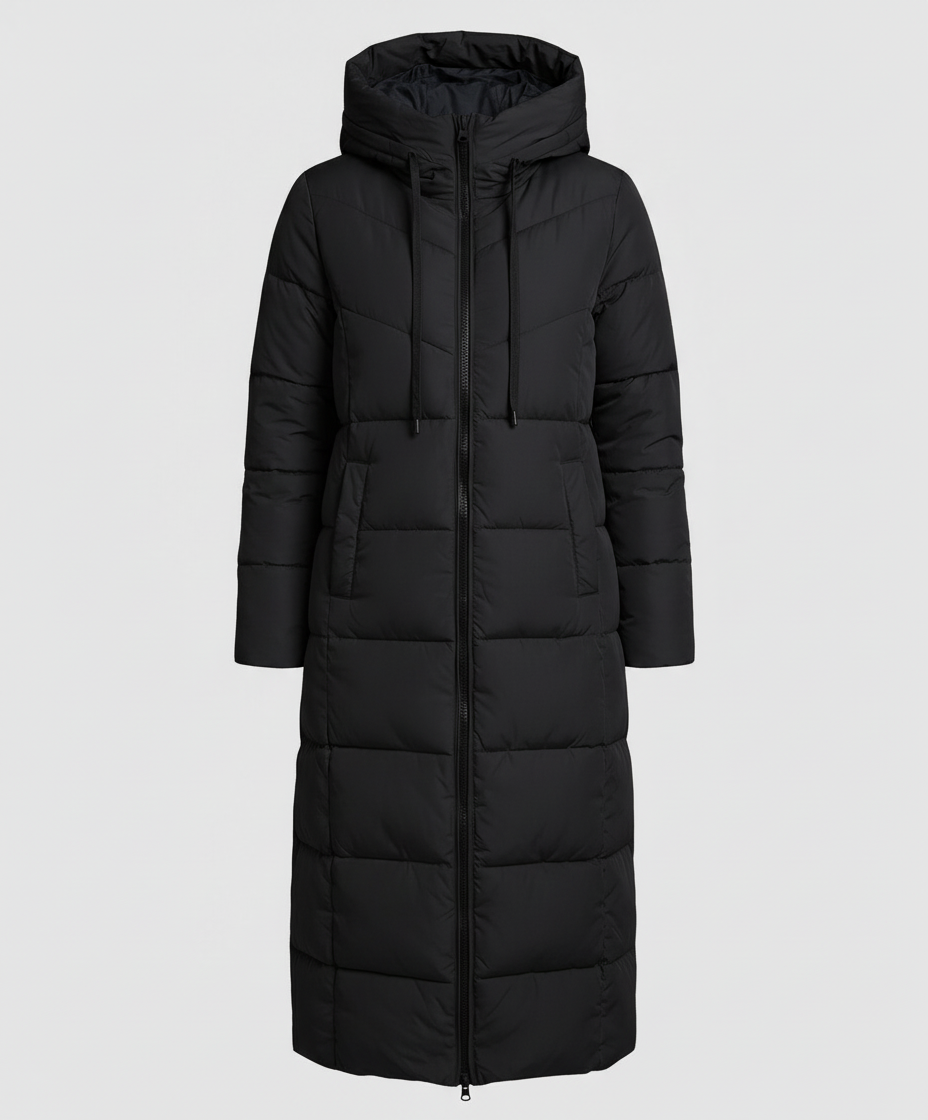Vreni Schwarz Langer Gesteppter Wintermantel mit Kapuze für Damen | Isoliert Warm Winter - S/M/L/XL/2XL
