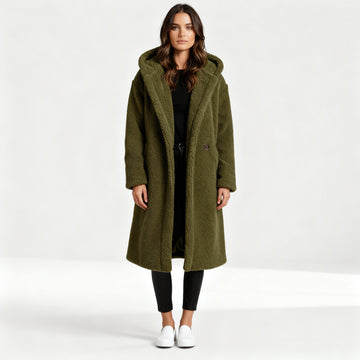Monika Grün Langer Sherpa Teddy-Mantel mit Kapuze für Damen | Oversized Wintermantel Casual - M/L/XL/2XL/3XL