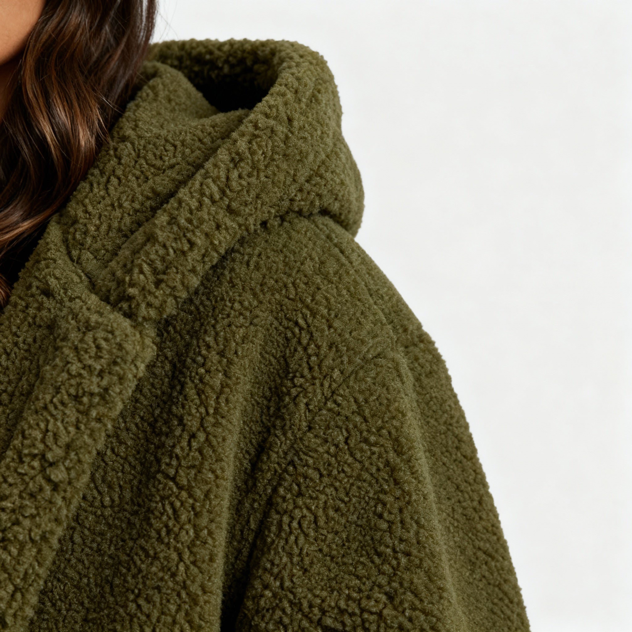 Monika Grün Langer Sherpa Teddy-Mantel mit Kapuze für Damen | Oversized Wintermantel Casual - M/L/XL/2XL/3XL