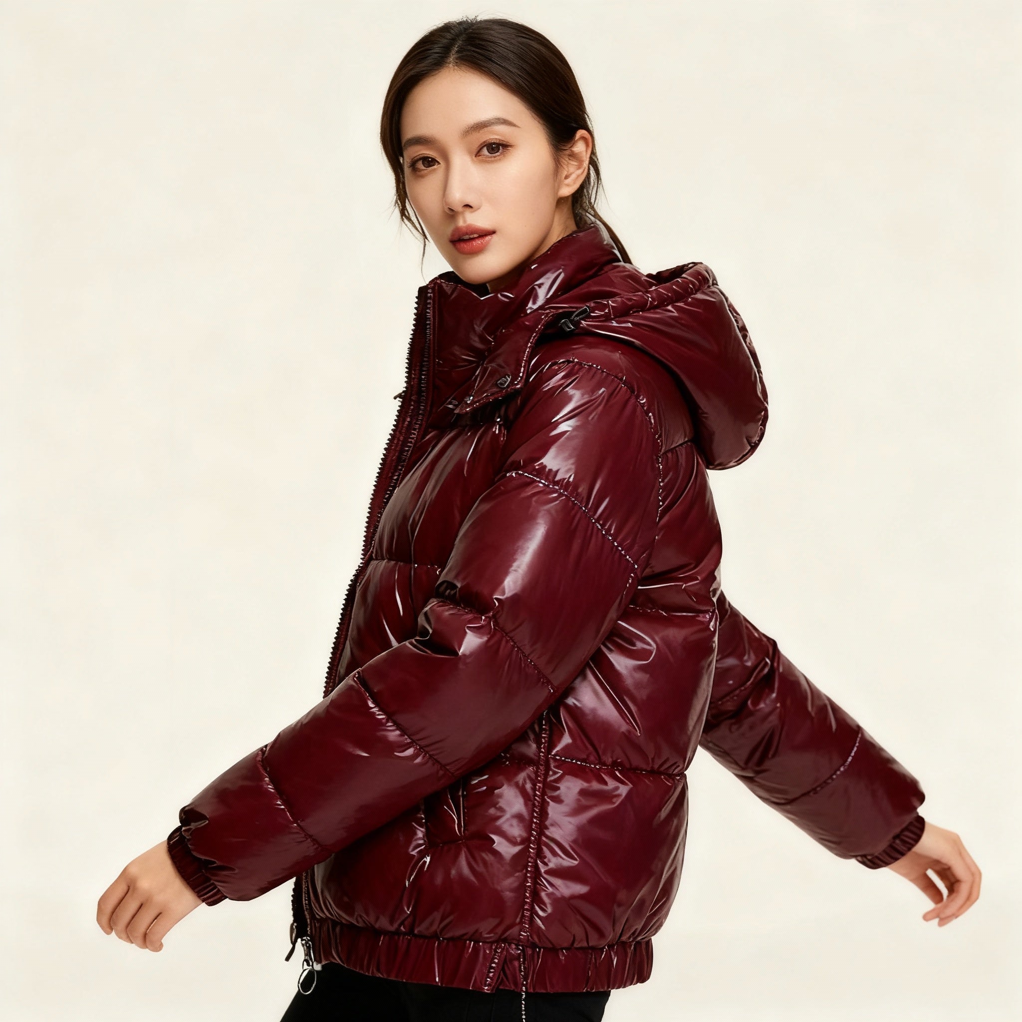 Monika Weinrot Glänzende Wasserabweisende Isolierte Puffer-Jacke mit Kapuze für Damen | Winter Casual - S/M/L/XL/2XL/XXXL