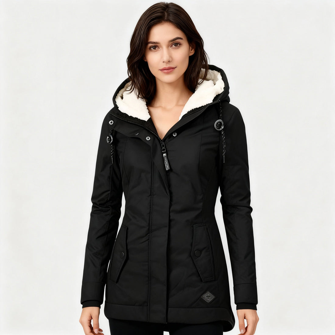 Monika Schwarz Wasserdichte Gefütterte Winterjacke mit Kapuze für Damen | Sherpa-Futter Figurnah Winter - S/M/L/XL/2XL/3XL
