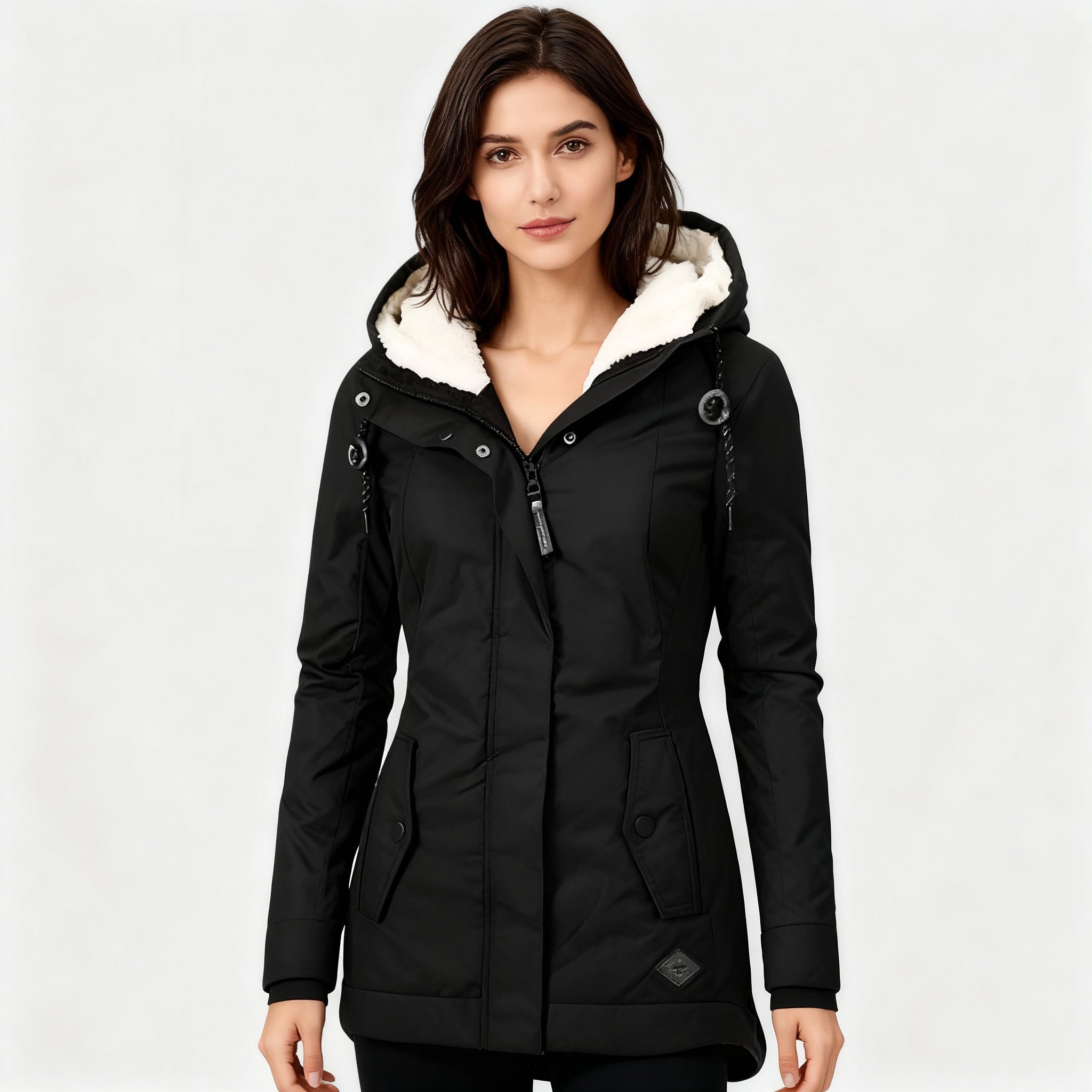 Monika Schwarz Wasserdichte Gefütterte Winterjacke mit Kapuze für Damen | Sherpa-Futter Figurnah Winter - S/M/L/XL/2XL/3XL