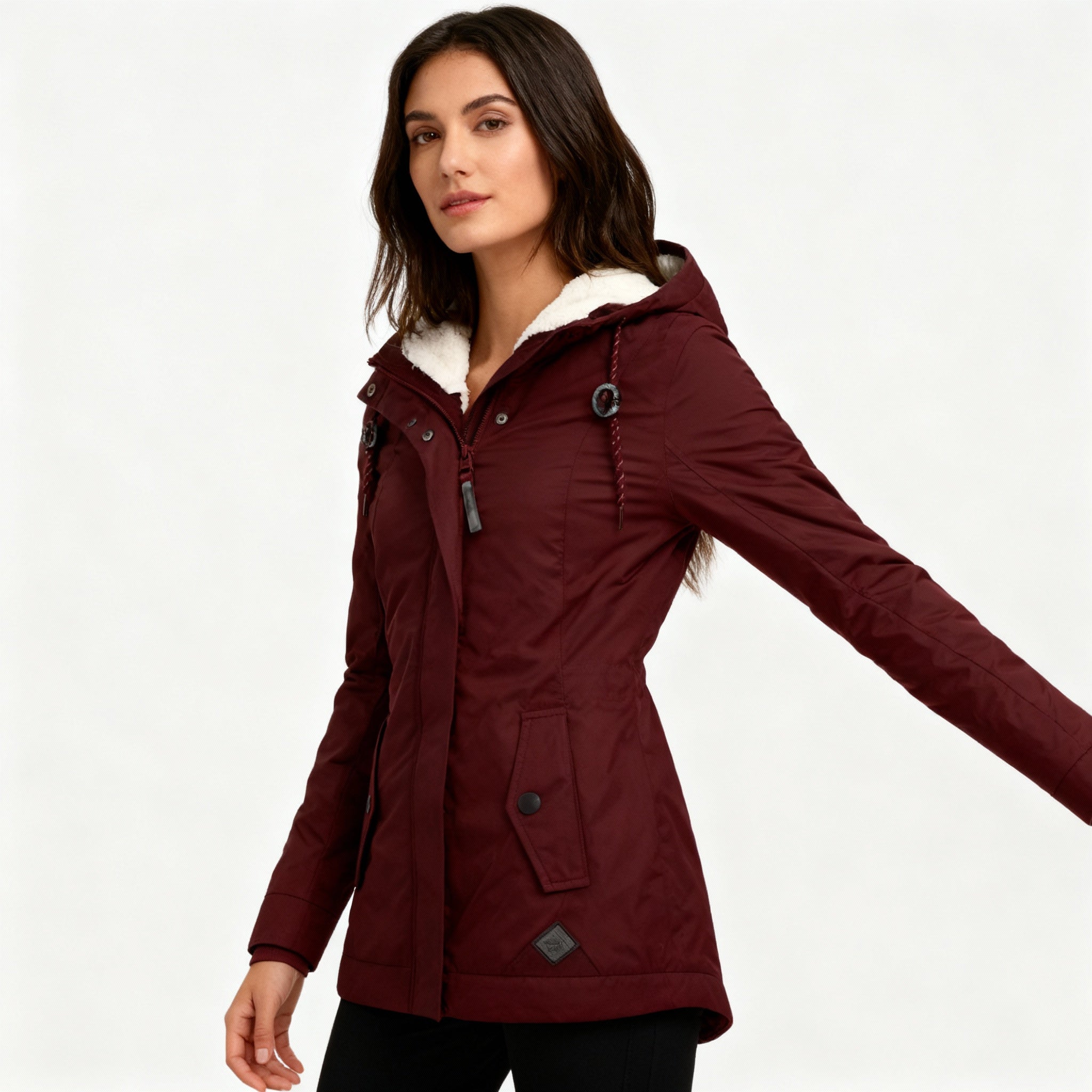 Monika Schwarz Wasserdichte Gefütterte Winterjacke mit Kapuze für Damen | Sherpa-Futter Figurnah Winter - S/M/L/XL/2XL/3XL