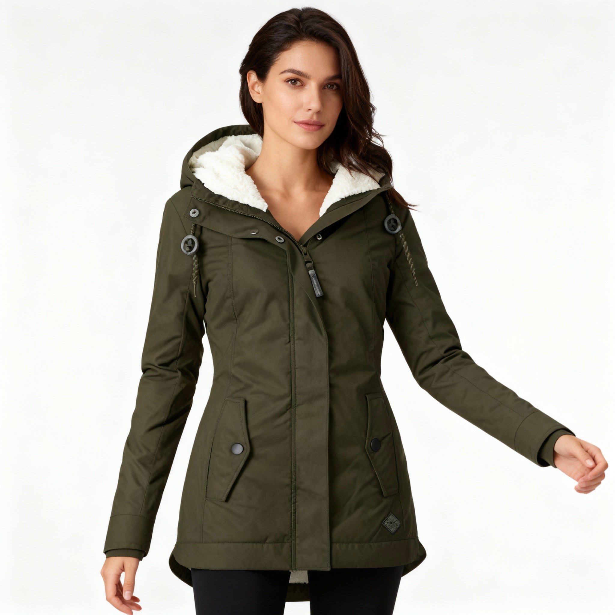 Monika Schwarz Wasserdichte Gefütterte Winterjacke mit Kapuze für Damen | Sherpa-Futter Figurnah Winter - S/M/L/XL/2XL/3XL