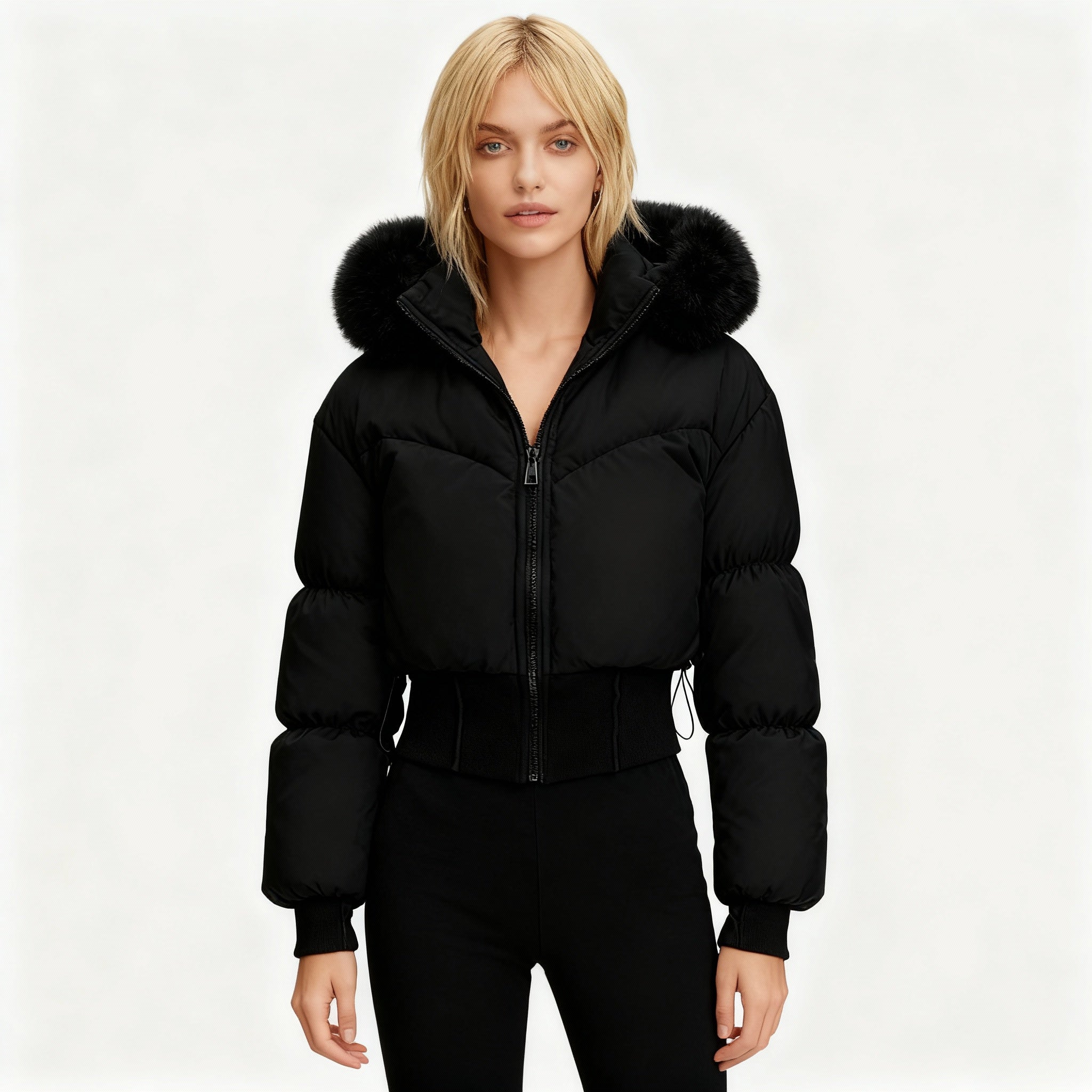 Monika Schwarz Kurze Isolierte Steppjacke mit Kapuze und Kunstfellbesatz für Damen | Winter Casual - S/M/L/XL/2XL