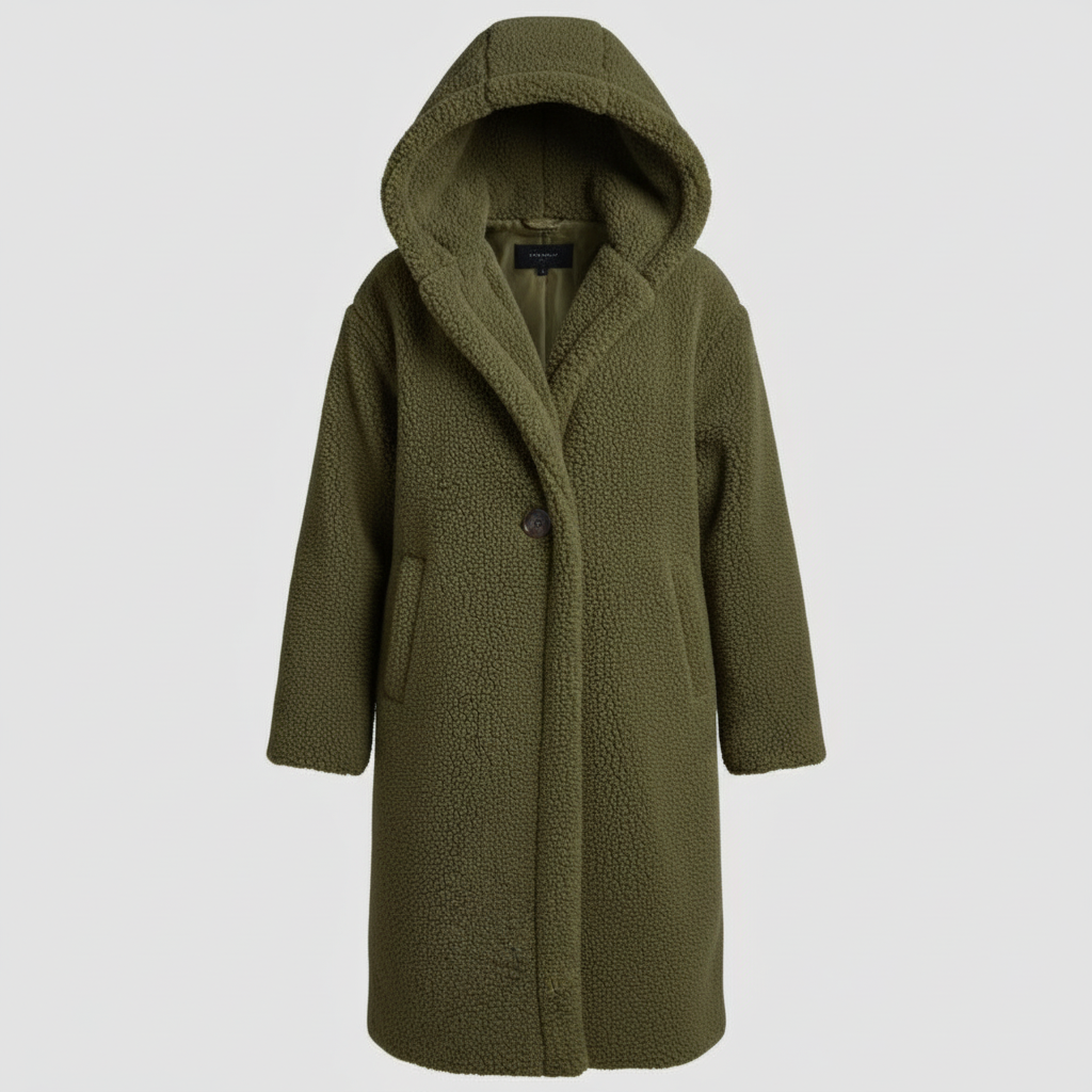 Monika Grün Langer Sherpa Teddy-Mantel mit Kapuze für Damen | Oversized Wintermantel Casual - M/L/XL/2XL/3XL