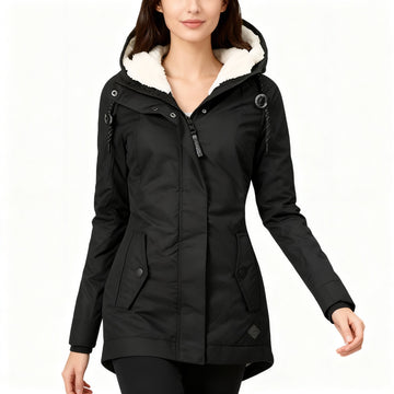 Monika Schwarz Wasserdichte Gefütterte Winterjacke mit Kapuze für Damen | Sherpa-Futter Figurnah Winter - S/M/L/XL/2XL/3XL