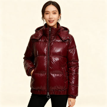 Monika Weinrot Glänzende Wasserabweisende Isolierte Puffer-Jacke mit Kapuze für Damen | Winter Casual - S/M/L/XL/2XL/XXXL