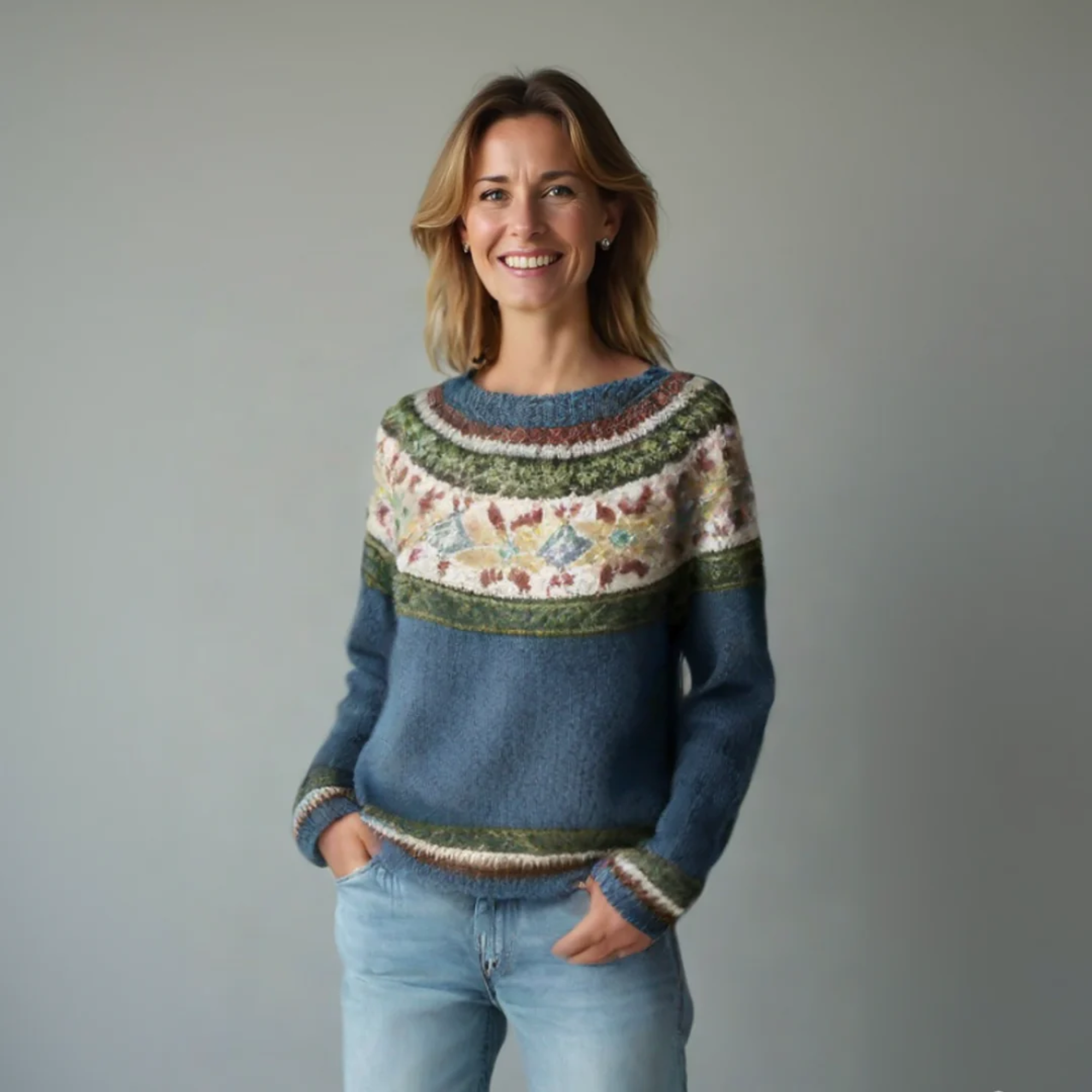 Elisabeth Grau Mehrfarbiger Gestreifter Strickpullover für Damen | Winter Casual Boho Stil - 2XS-4XL