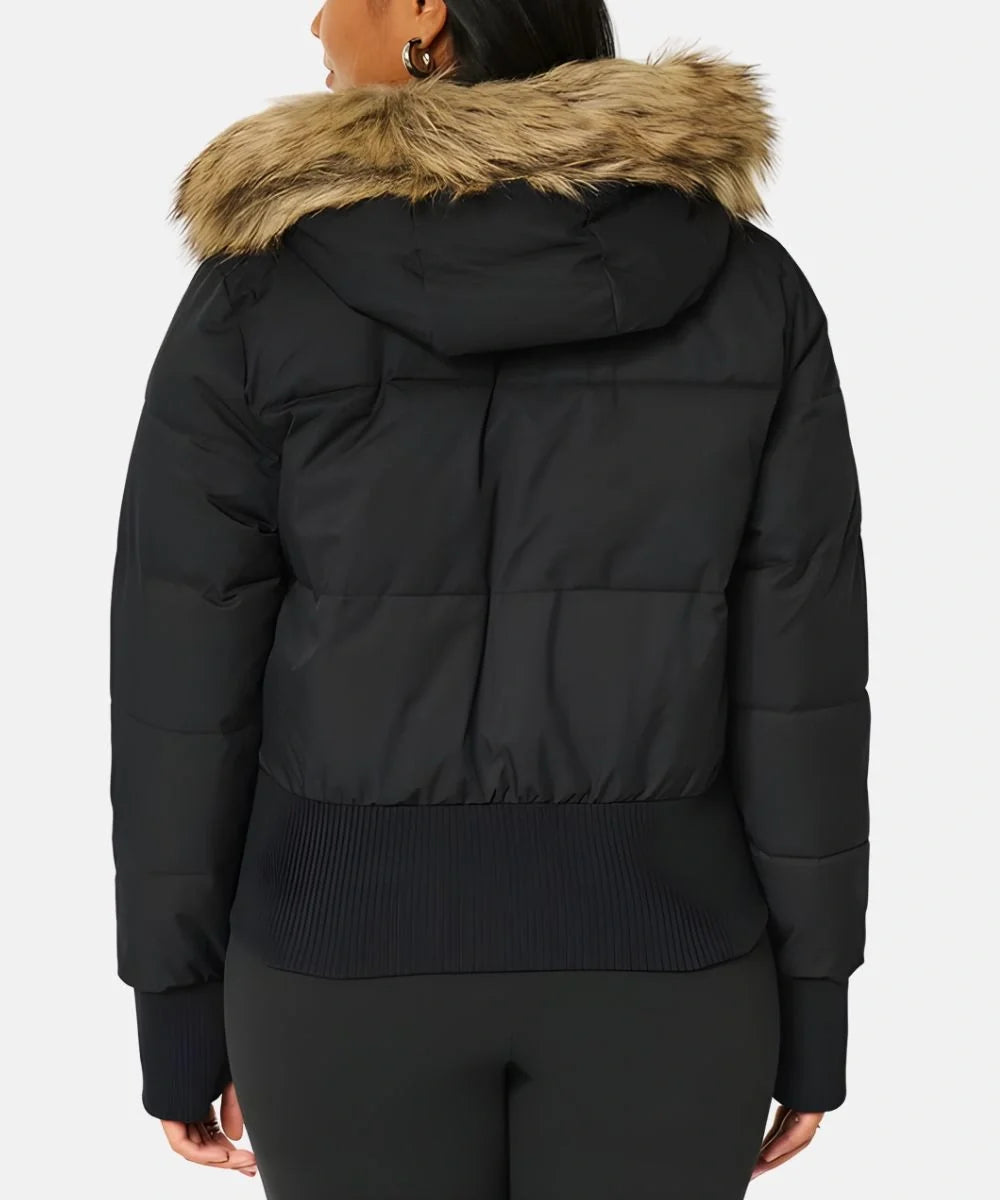 Vreni Schwarz Gesteppte Winterjacke mit Kapuze für Damen | Kunstfell-Besatz Slim Fit Winter - XXS/XS/S