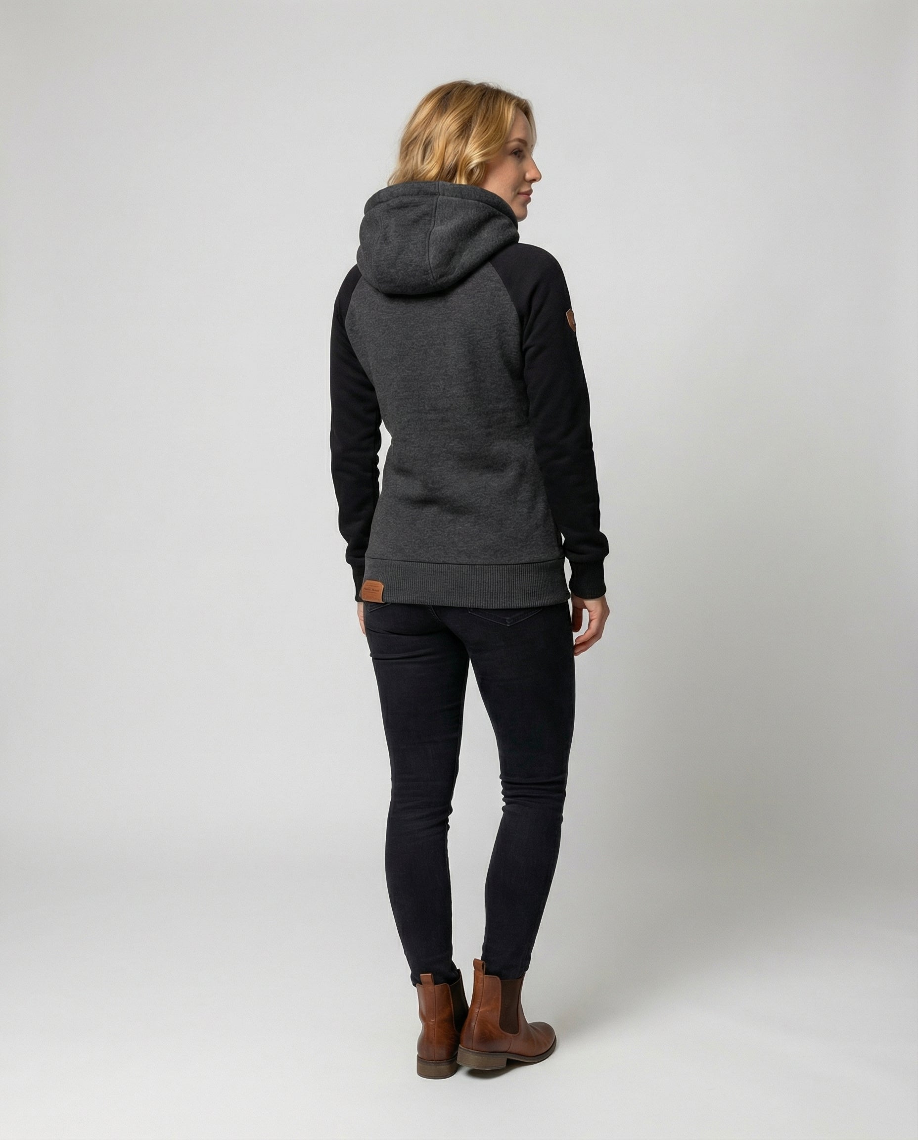 Lena Schwarz Zweifarbige Fleece Sweatjacke mit Kapuze und Reissverschluss für Damen | Casual Freizeit - XS/S/M/L/XL/2XL