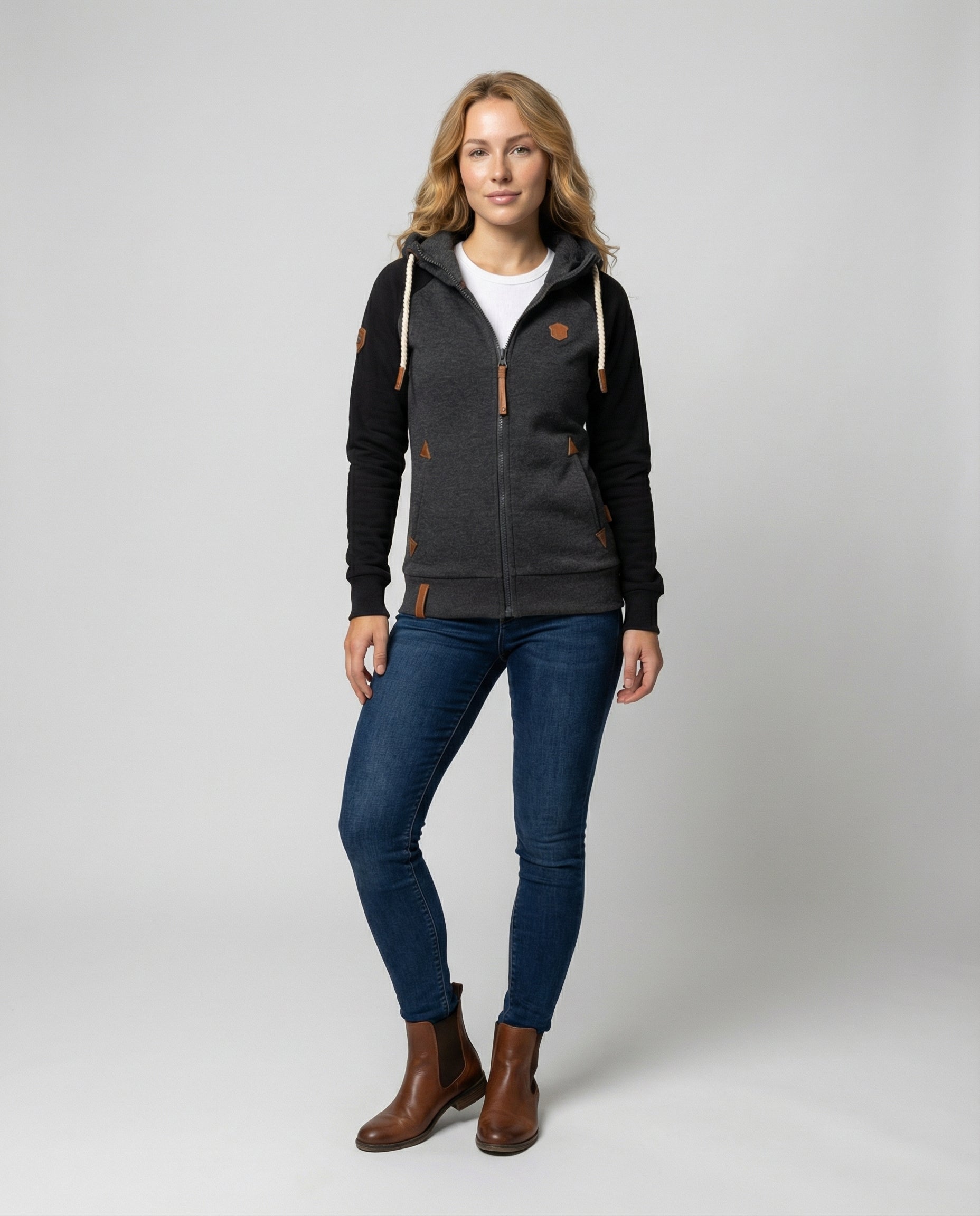 Lena Schwarz Zweifarbige Fleece Sweatjacke mit Kapuze und Reissverschluss für Damen | Casual Freizeit - XS/S/M/L/XL/2XL